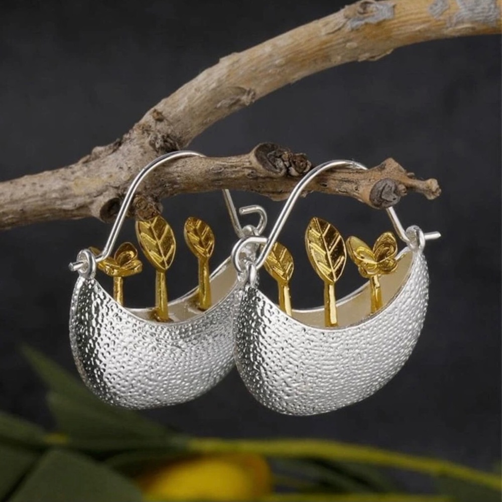 “Sprouts in a Basket” Seedling Butterfly Planter Botany Whimsy Two Tone 3D Hoops - Picture 7 of 11
